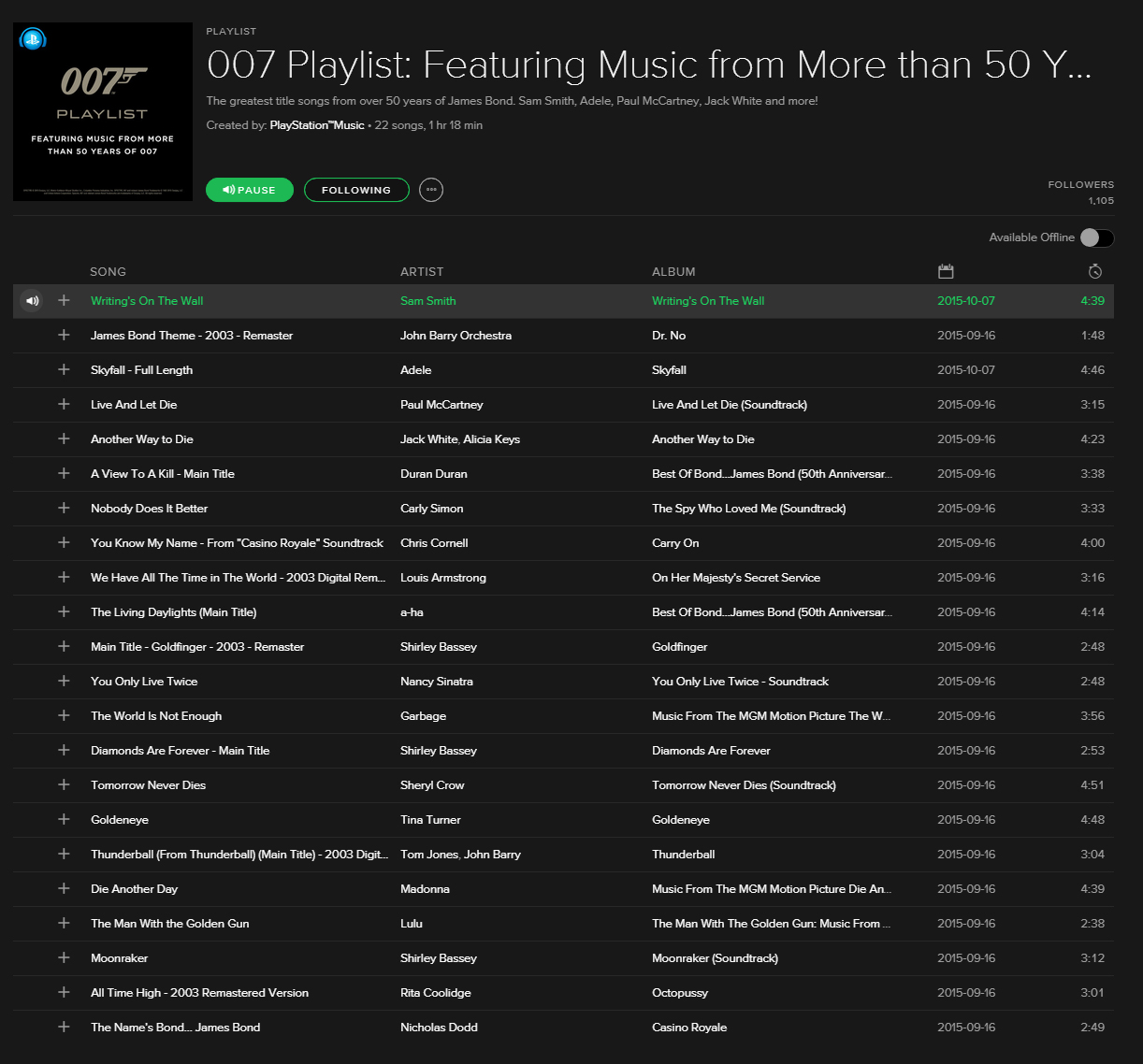 007 Playlist PlayStation Music Spotify Spectre