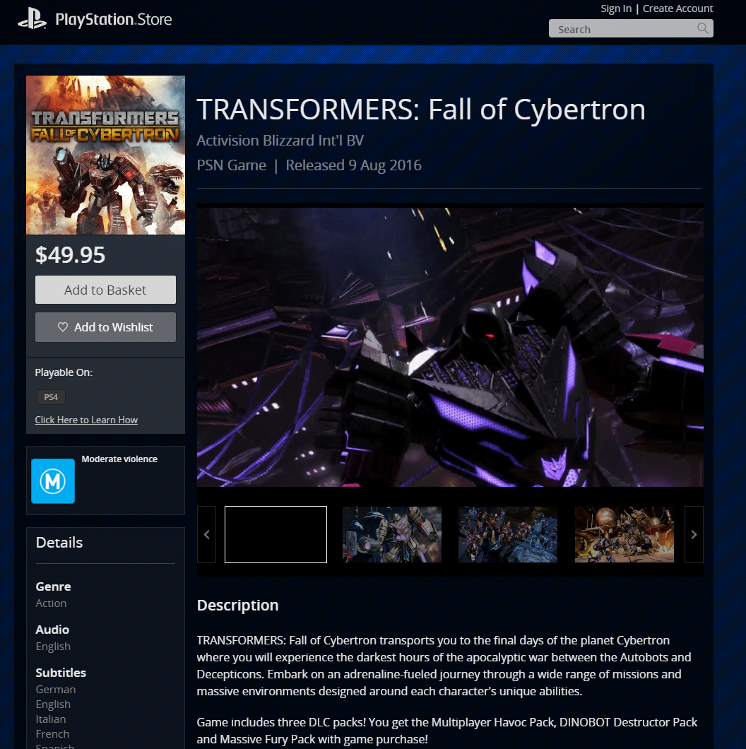 'Transformers: Fall of Cybertron' PS4 listing with DLC