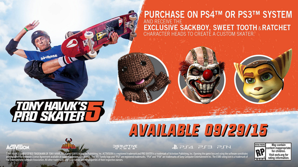 PlayStation exclusive sackboy, sweet tooth, ratchet tony hawk pro skater 5 character heads